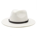 Detail of white woven straw fedora hat featuring black leather band with gold metal studs - White