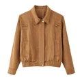 Chaqueta corta de antelina marrón para mujer con bolsillos con cremallera y cuello camisero - S / Camel