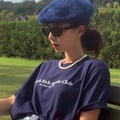 Navy blue pearl necklace with bow accent paired with a vintage athletic graphic t-shirt - SY306【10mm Pearl】