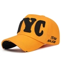 Yellow NYC embroidered baseball cap with distressed brim and side text detail - Adjustable / Yellow