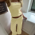 Ensemble Y2K deux pièces en tricot jaune avec caraco et pantalon ornés de dentelle blanche - S / Haut Et Bas / Light jaune