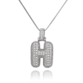 Detailed macro view of silver letter H pendant with micro-pave zircons and box chain - Letter H (DX34-H)