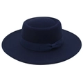 Detail of navy wool felt boater hat featuring a decorative ribbon and side bow - Adult (57-60cm) / Navy Blue