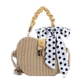 Beige straw shell bag with polka dot scarf bow and golden metal lock detail - Yellow
