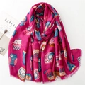 Fuchsia cotton linen scarf with colorful owl patterns and decorative fringe edges - 180*88 / Rose Pink (SL2311-003)