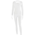 Front view of white long-sleeve slim-fit jumpsuit with U-neck on a clear model - S / White
