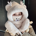 Capuche d'hiver 3-en-1 en peluche beige avec oreilles d'ours et écharpe intégrée - Adulte / Ensemble 4 pièces amélioré (Avec ours) / Mousse à la crème