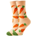 Mid-calf beige socks with green toes and orange carrot patterns shown in a pair - Size 35-42 / Orange Carrot