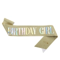 Glittering gold birthday girl sash with holographic text and a safety pin - One Size / Dark Gold Holographic - GIRL