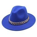 Detail of royal blue fedora hat with gold and silver link chain on brim - Single Royal Blue Hat