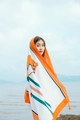 Ethnic style white summer beach shawl with orange stripes and horse head pattern with tassels - Orange Green Stripe Horse Head Tassel Style / Yellow / 180cm