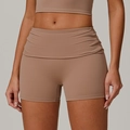 Mocha brown high-waisted fitness set featuring turnover waistband yoga shorts and crop top - S / Coral Coffee