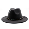Detail of dark grey wool felt fedora featuring bohemian braided band with beads - Dark Gray