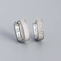 Silver rectangular U-shaped hoop earrings with micro-set zircons and hollow floral detail - 925 Silver / White Gold