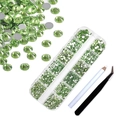 Detail of green flatback nail rhinestones in 12-slot storage box with tools - Light Green Set with Dotting Pen & Tweezers