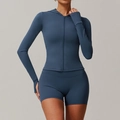 Women's navy blue athletic set featuring a zip-up hooded jacket and high waist yoga shorts - S / Top And Bottom / Navy Blue