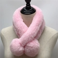 Pink faux rabbit fur scarf for women featuring dual plush pom-pom accents on a model - Pink