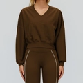 Sweat à capuche sport marron foncé avec col en V, poche kangourou et legging assorti - S / Brun Chocolat