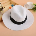 Elegant white wide-brim straw sun hat with black ribbon band for beach vacation - White