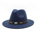 Detail of navy blue wide brim fedora with turquoise stone and brown wooden beads trim - M (56-58cm) / Navy Blue