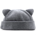 Cute gray knit beanie with cat ears and folded brim, minimalist trendy style for women - 58-61cm (Stretchable) / Heather Grey