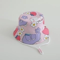 Pink kids bucket hat with cute rabbit and strawberry print featuring adjustable wind string - Pink Strawberry Rabbit
