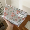 Silver-gray vintage brocade makeup bag with red and green floral embroidery and drawstring - Pink Cherry Blossom