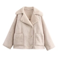 Detailed view of beige faux shearling jacket with large lapels and button closure - S / Beige