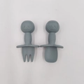 Grey-blue silicone baby fork and spoon set with panda design and safety shields - Haze Blue