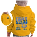 Ginger yellow kids' hoodie with blue TULUM MEXICO back print and hibiscus graphic - 100cm / Yellow (Blue Print)
