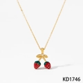 Collana dorata con ciondolo a doppia fragola in smalto rosso e dettagli verdi - Collana d'Oro (KD1746)