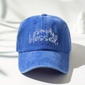 Cappellino da baseball in denim blu navy con ricamo simply blessed e croce rosa - Taglia unica / Blu Reale