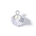 Silver shell charm pendant with white enamel and centered pearl for DIY jewelry - White UV Plated