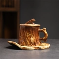 Japanese retro ceramic coffee cup with lid and wood grain textured base in brown - 249 Stump Coffee Cup + Saucer (2-piece Set) 230ml / Universal