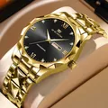 Gold stainless steel men's watch with black dial, Roman numerals, and date display - All Gold (2732)
