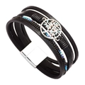 Bohemian black multilayer leather bracelet with silver tree of life charm and magnetic clasp - Bohemian Black Rhinestone Tree of Life