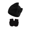 Trama in maglia del cappello nero per neonati con fiocco e muffole antigraffio abbinate - Nero