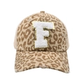 Close-up of leopard print baseball cap with distressed details and large letter F patch - Leopard-Letter F