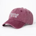 Close-up of Baseball MOM embroidery on washed burgundy vintage cotton baseball cap - Burgundy