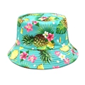 Detail of tropical pineapple and floral print on lake green canvas bucket hat - M (56-58cm) / Light Green