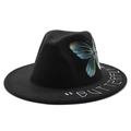 Black wool felt fedora hat featuring hand-painted colorful butterfly and butterfly text - M (56-58cm) / Butterfly Lettering Style