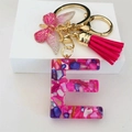 Detail of Letter E resin keychain with pink stones, butterfly charm and pink tassel - Rose Red Butterfly Tassel Clip / Letter E