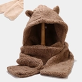 Brown teddy fleece bear ear hat and scarf set with soft thick plush texture - M (56-58cm) / Bear Ears No Pockets 2-Piece Set Light Brown