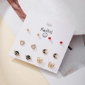 6-pair set of gold-tone stud earrings featuring pearl hearts and blue celestial motifs - Blue Star Moon Butterfly Style (E1990-1)