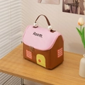 Borsa trucco a forma di casa rosa e marrone con manico di perle e scritte - Contrasto Rosa e Marrone/Forma della Casa / caffè