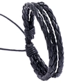 Minimalist black braided leather bracelet for men and women with adjustable drawstring closure - Black