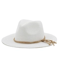 Classic white straw Fedora sun hat with a brown braided rope band for outdoor beach wear - White