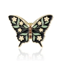 Exquisite black and gold butterfly enamel pin with white flower and green leaf patterns - DB006-A (Black White Flower Butterfly)