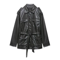 Women's black faux leather jacket with four pockets and waist belt in a longline style - XS / Black