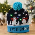 Blue LED knitted Christmas beanie with snowman pattern and Let It Snow text - Blue Double Snowman